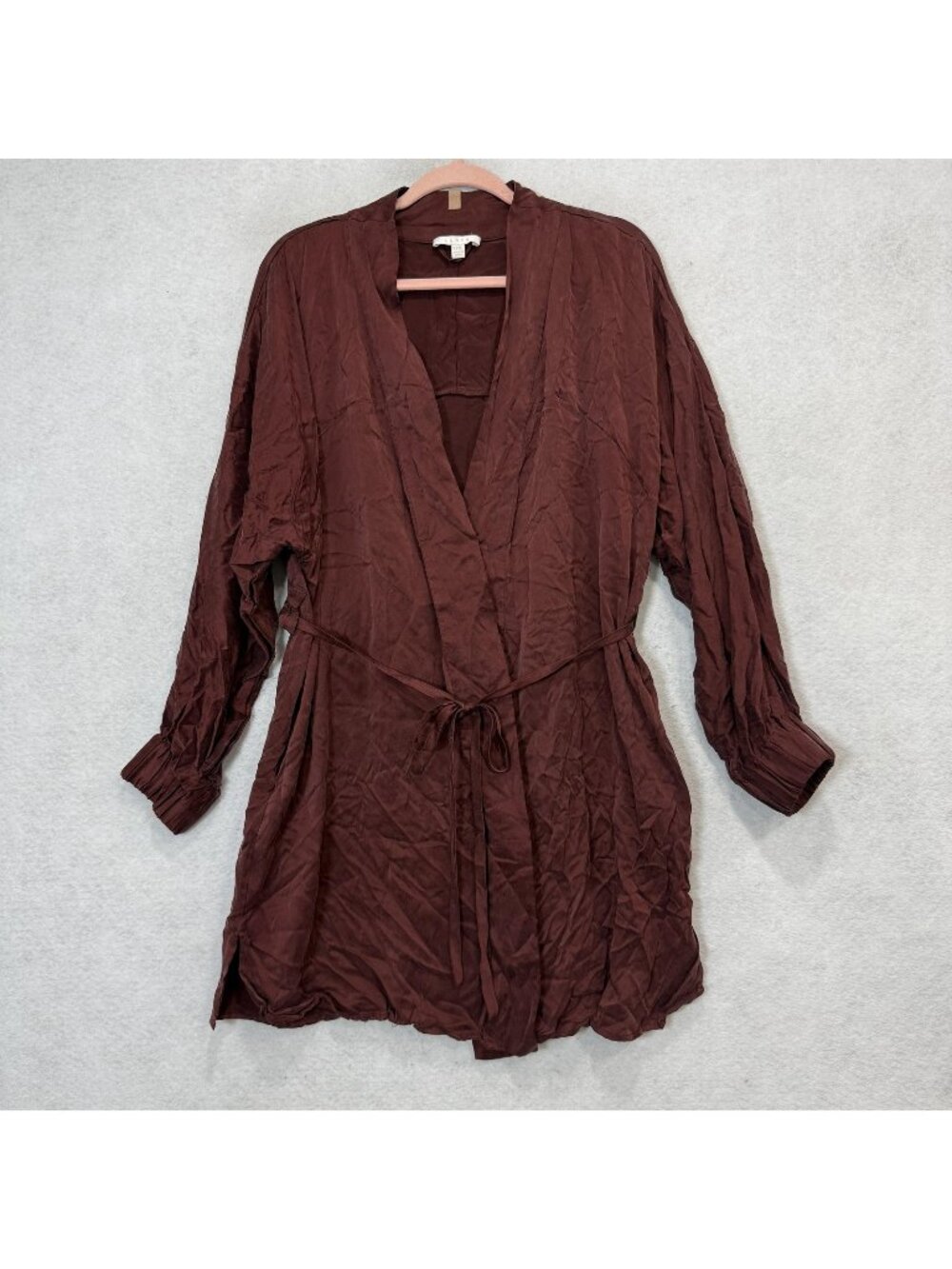 Lunya Robe Womens L/XL Brown 100% Silk Kimono Belted Long Sleeve Lounge Wrap